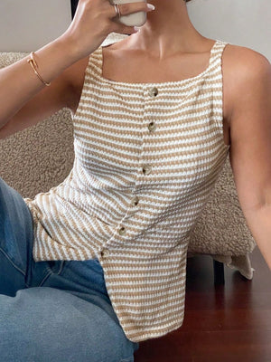 Textured stripe button-down tank top in tan and white with a square neckline and button front.
