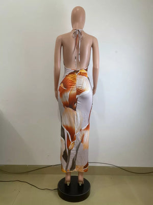 Maxi dress with floral print, cowl neck, and backless design.