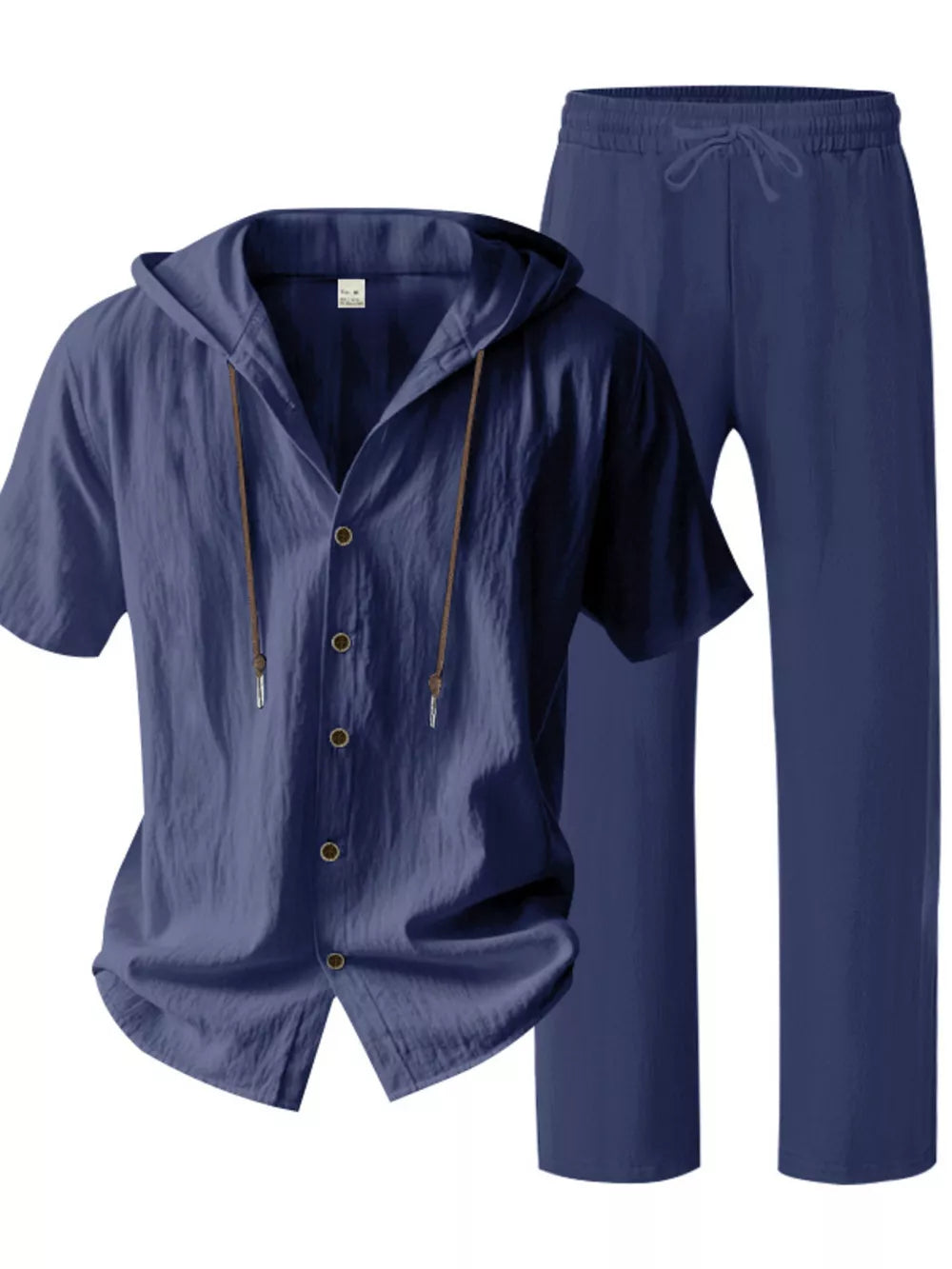 Navy linen blend hooded short sleeve top and drawstring pants ensemble