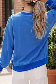Stripe Ribbed Cuffs Long Sleeve Pullover Top in Royal Blue, side view