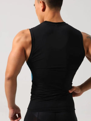 Black performance tank top with blue side panels and a crew neck.