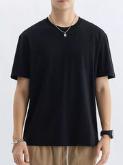 Men's black cotton crew neck t-shirt with short sleeves.