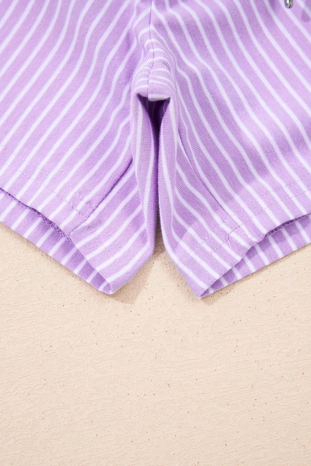 Purple and white striped cotton shorts with drawstring detail