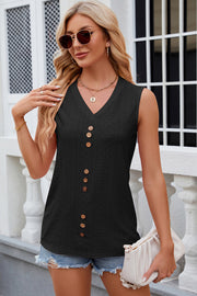 Black perforated button-down sleeveless V-neck blouse with wooden buttons.
