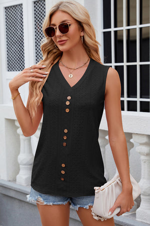 Black perforated button-down sleeveless V-neck blouse with wooden buttons.