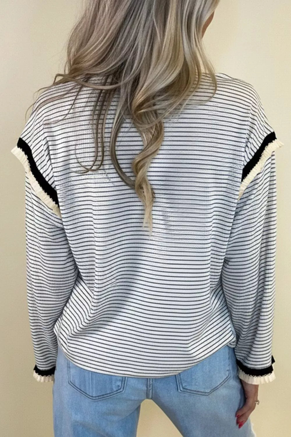 Stripe Contrasted Ruffle Trim Loose Long Sleeve Top in Stripe, alternate angle