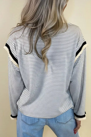 Stripe Contrasted Ruffle Trim Loose Long Sleeve Top in Stripe, alternate angle