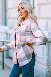 Oversized checkered shacket in blush pink and gray with button front and patch pocket.
