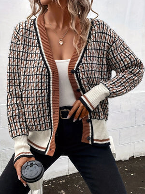 Geometric knit cardigan in caramel with button front and contrast trim.