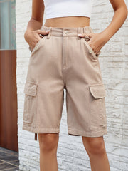 Khaki denim cargo bermuda shorts with buttoned pockets and elastic waistband.