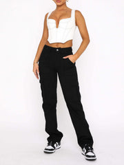 Black utility pocket straight leg cargo trousers with a comfortable fit.