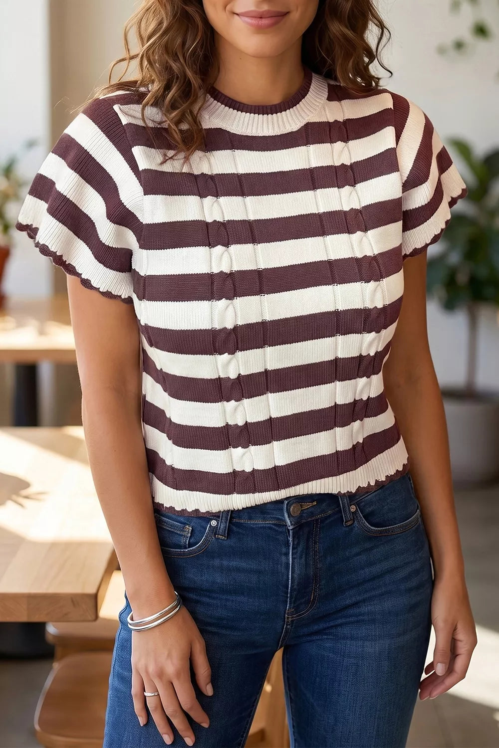 Striped Ribbed Cable Knit Short Sleeve Sweater in Brown, front view