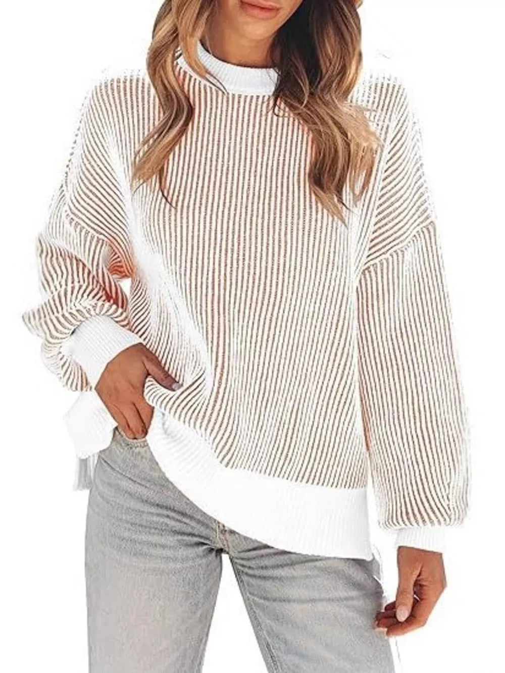 white pullover sweater with seam detail and long sleeve