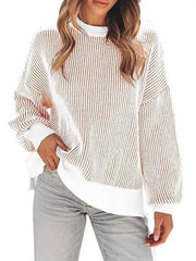white pullover sweater with seam detail and long sleeve