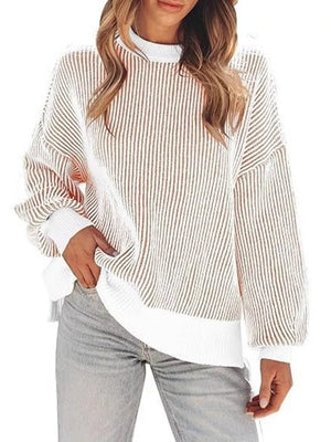 white pullover sweater with seam detail and long sleeve