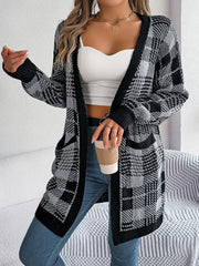 Plaid knit longline cardigan in black and grey with pockets and cascade front.