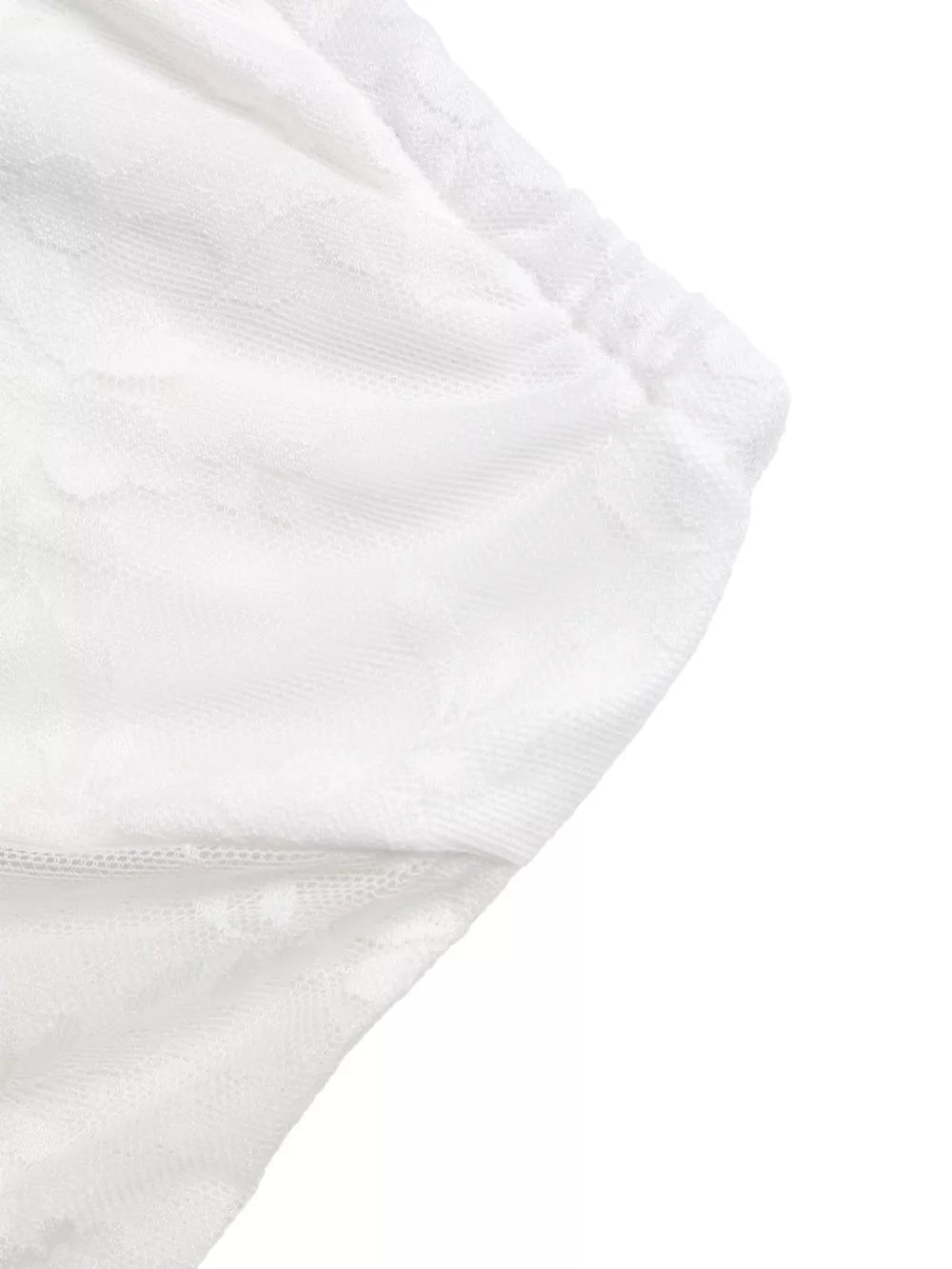 White floral lace ruched tube top with adjustable drawstring detail.