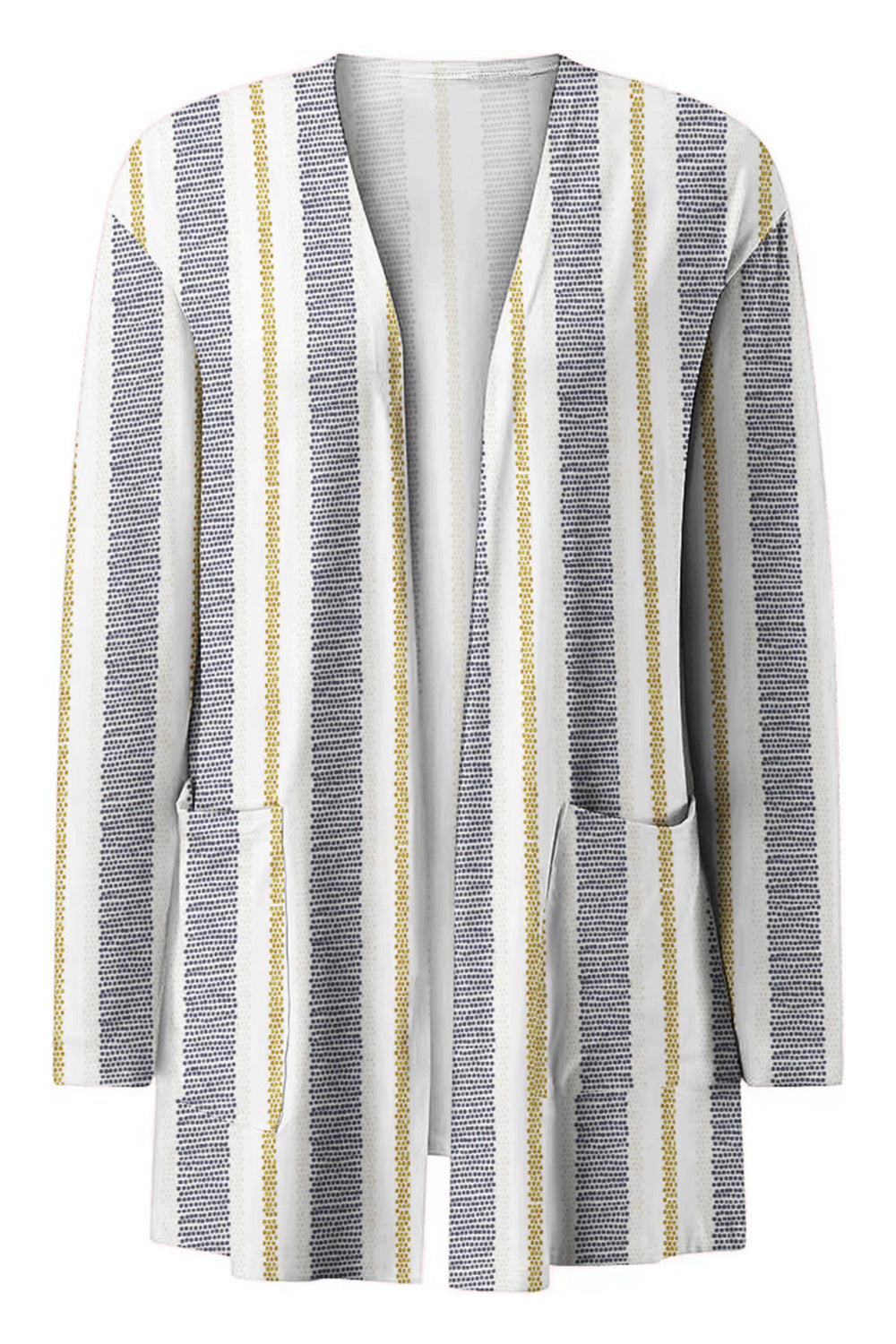 Open-front cardigan with vertical stripe pattern in white, navy, and gold, featuring pockets.
