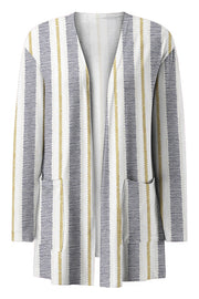 Open-front cardigan with vertical stripe pattern in white, navy, and gold, featuring pockets.