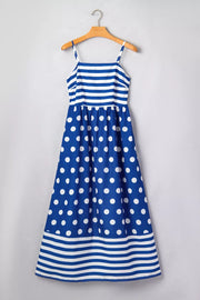 Blue polka dot maxi swim dress with spaghetti straps and striped top and hem