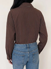Striped Button-up Bodysuit in Brown, fabric detail