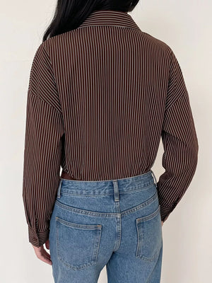 Striped Button-up Bodysuit in Brown, fabric detail