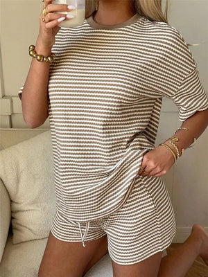 Striped two-piece set with drawstring shorts and crew neck tee in Khaki.