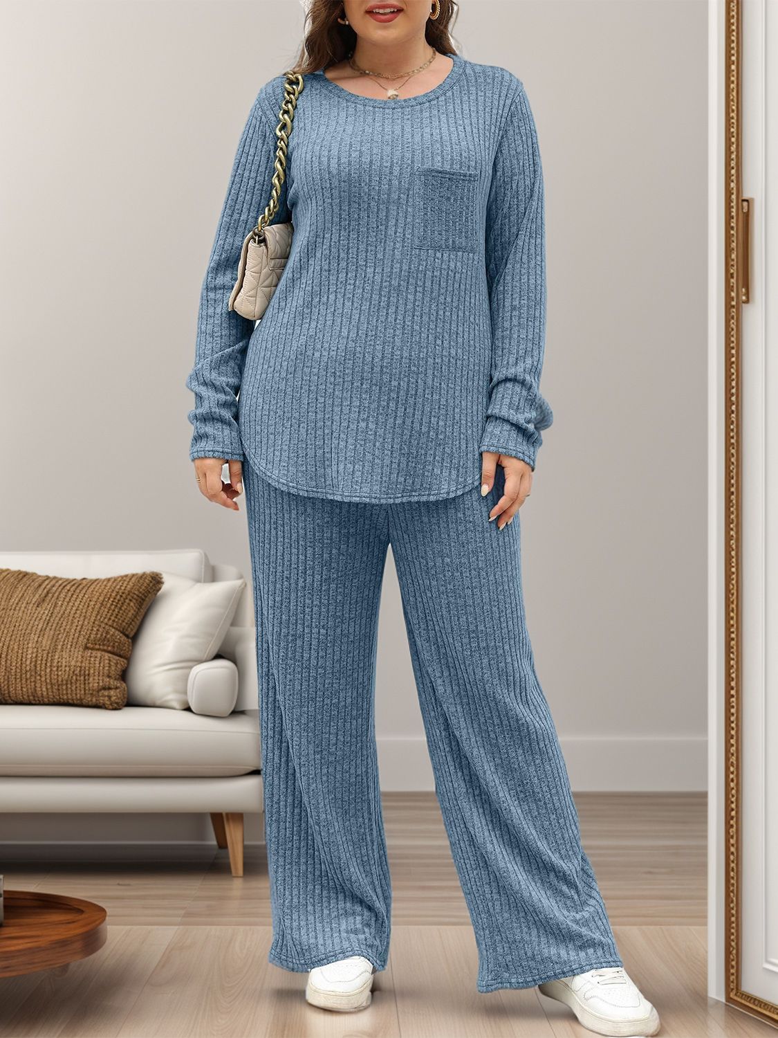 Ribbed knit lounge set in Dusty Blue with long sleeves, crew neck, chest pocket, and wide-leg pants.