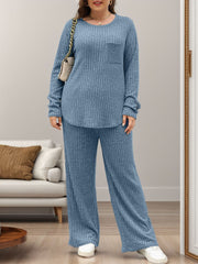 Ribbed knit lounge set in Dusty Blue with long sleeves, crew neck, chest pocket, and wide-leg pants.