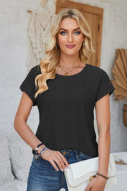 Black perforated eyelet cuffed tee with short sleeves and a round neckline.