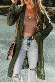 Openwork maxi cardigan in army green acrylic with bell sleeves and a relaxed fit.