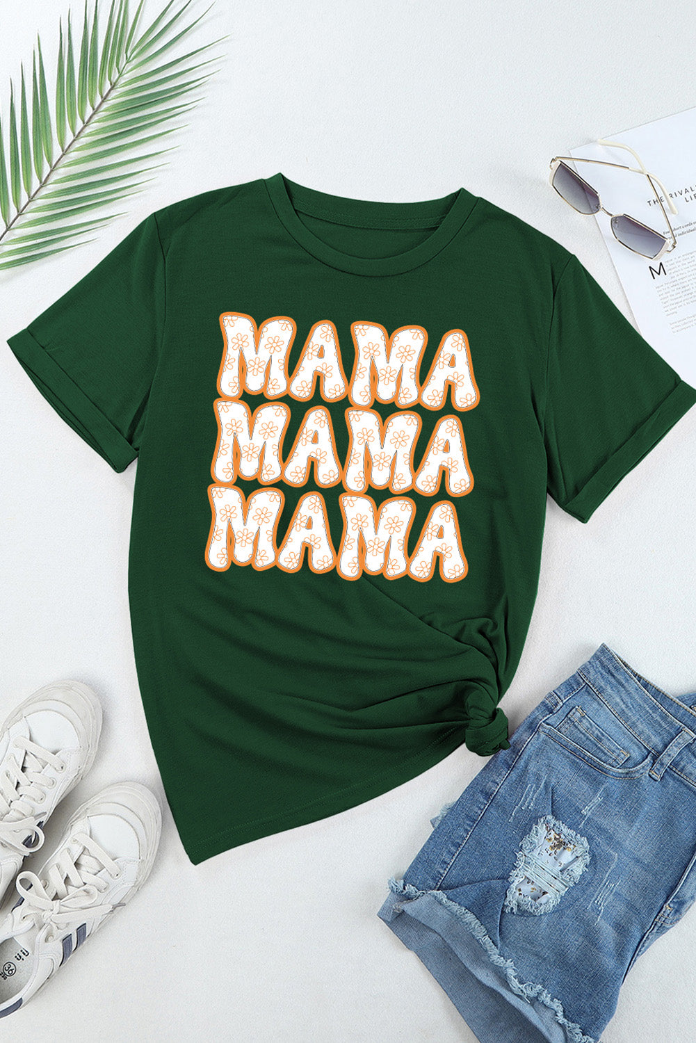 Dark green cotton blend t-shirt with retro floral MAMA graphic, crew neck, short sleeves.