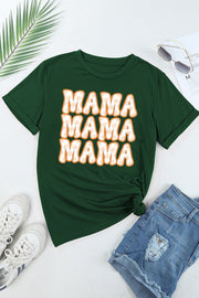 Dark green cotton blend t-shirt with retro floral MAMA graphic, crew neck, short sleeves.