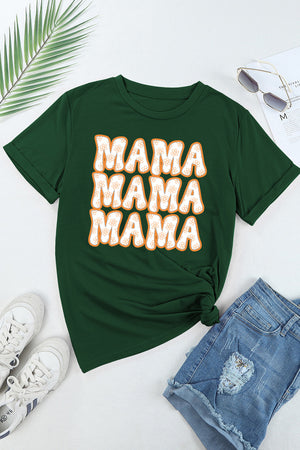 Dark green cotton blend t-shirt with retro floral MAMA graphic, crew neck, short sleeves.