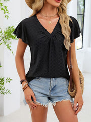 Black flutter sleeve ruched v-neck t-shirt with eyelet detail