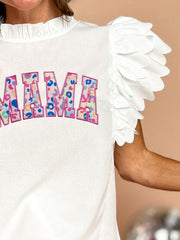 White Mama blouse with appliqué letters and ruffled flutter sleeves.