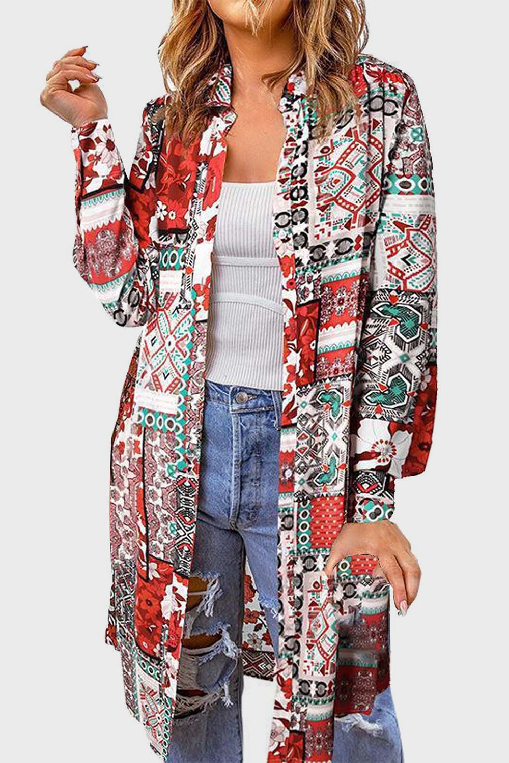 Patchwork print duster shirt jacket with button front and long sleeves.