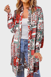 Patchwork print duster shirt jacket with button front and long sleeves.
