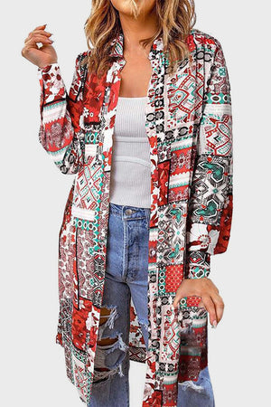 Patchwork print duster shirt jacket with button front and long sleeves.