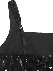 Black sequin maxi gown with adjustable straps and velvet trim detail.