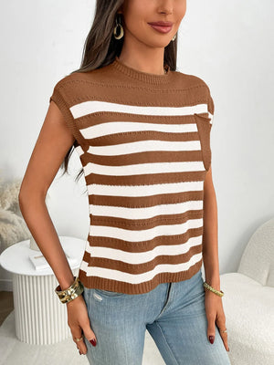 Striped knit pocket tee in caramel and white with a crew neck and cap sleeves.