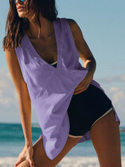 Lavender wrap-front pocket tank top with a deep V-neck.