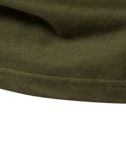 Army green raglan tee detail showing double-stitched hem and soft fabric texture.