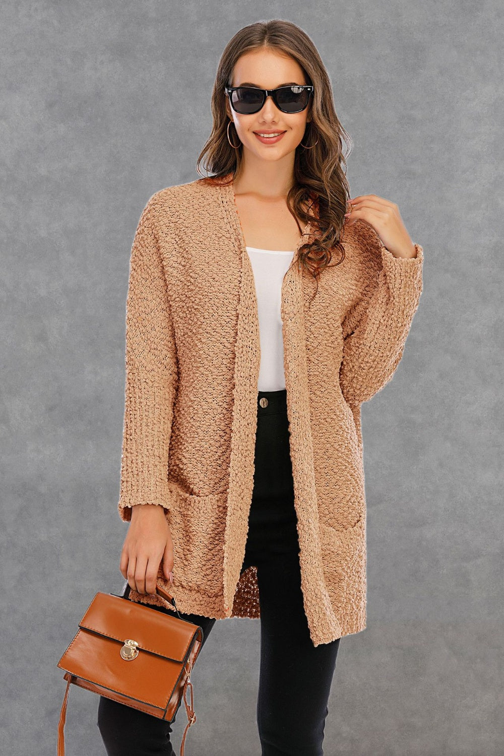 Textured cocoon cardigan in Khaki with patch pockets and open front.