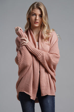 Pale Blush cocoon knit sleeve cardigan with textured knit and ribbed cuffs.