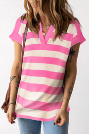 Pink and cream striped v-neck t-shirt with short sleeves.