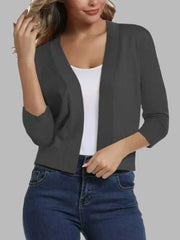 Cropped charcoal knit cardigan with elbow-length sleeves and open front.