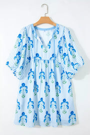 Floral stripe puff sleeve mini dress with blue floral print and tie neck.