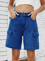 Utility denim bermuda shorts in light blue with cargo pockets and contrast stitching.