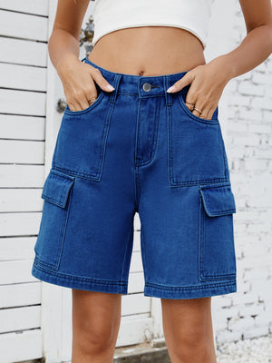 Utility denim bermuda shorts in light blue with cargo pockets and contrast stitching.